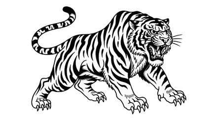 Powerful Roaring Tiger Illustration in Black and White.