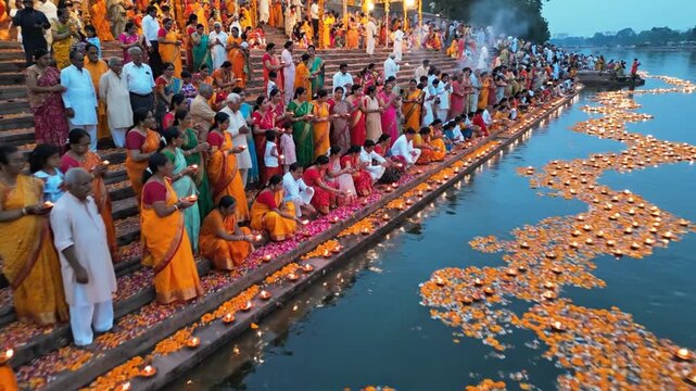 Indian devotees lighting oil lamps at a sacred river ghat