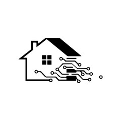 Smart home technology vector illustration: integrated circuit house symbolizing connectivity and automation