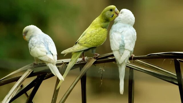Slow motion 4k footage of two lovebirds perched on metal cage in soft natural light cinematic clip