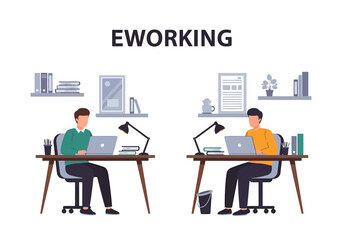 Two men working on laptops in a modern office space with desk lamps and bookshelves promoting remote collaboration and business productivity on white © Flat Lab