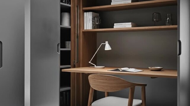 Modern home office setup featuring a compact, foldable desk and storage unit.