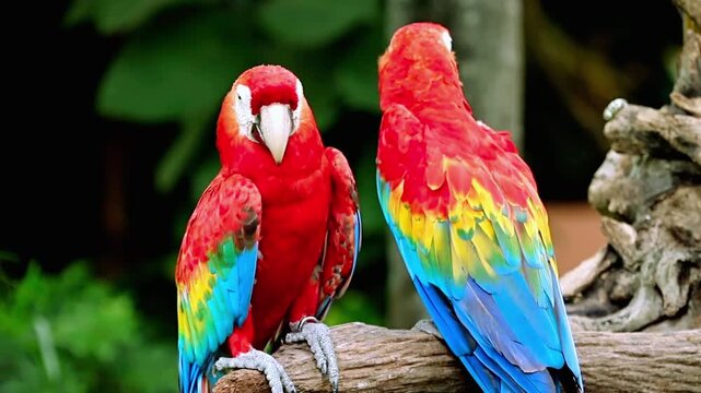 4K slow motion footage of two vibrant scarlet macaws perched on branch in lush tropical rainforest