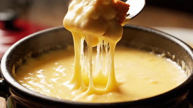 Crusty bread dipping into bubbling melted cheese fondue 4K Video
