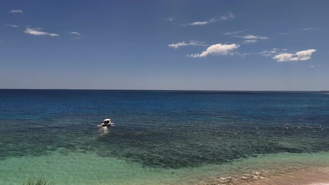 Drone emerging from behind palm trees on Eua Island, Kingdom of Tonga, creating cinematic parallax as it moves toward the open ocean where a speedboat glides across the horizon.