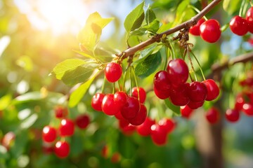 Obraz premium Sunlit Branches Loaded with Ripe Red Fruits in a Lush Garden Setting