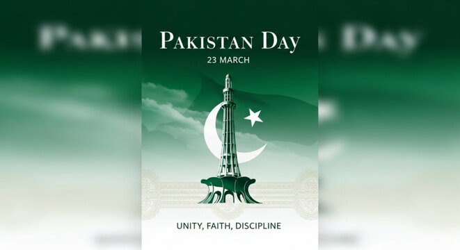 Pakistan day celebration poster with minar e pakistan monument and national flag colors