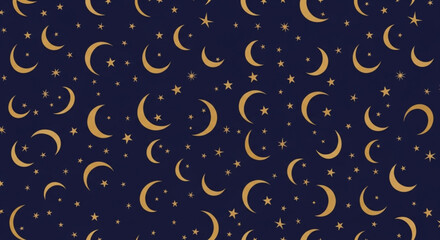 Golden crescent moons and stars on a dark blue night sky background celestial pattern