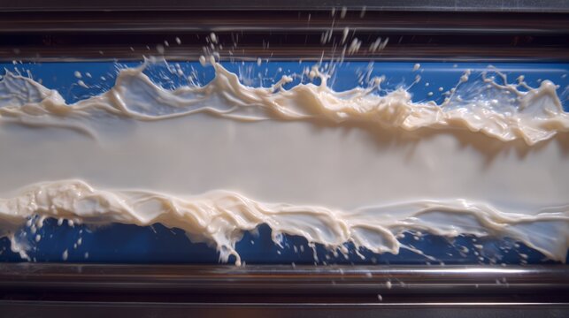 High speed capture of creamy liquid streaming and splashing along a blue industrial conveyor, perfect for dairy production, processing technology, and freshness concepts.