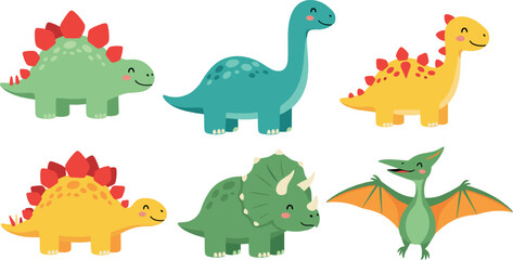 Cute Cartoon Dinosaur Characters Set in Flat Vector Style Featuring Colorful Friendly Dinosaurs for Kids, Education, and Fun Designs © Yevhenii creative