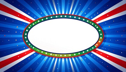United States patriotic burst background with radial red white and blue stripes design and oval banner frame surrounded by decorative stars
