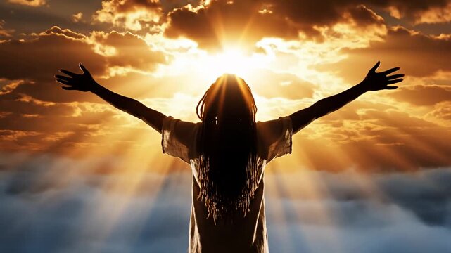 Person silhouette with arms raised reaching sky above golden clouds