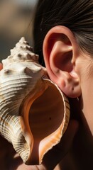 Person holds large spiral marine mollusk shell against human ear to hear sounds