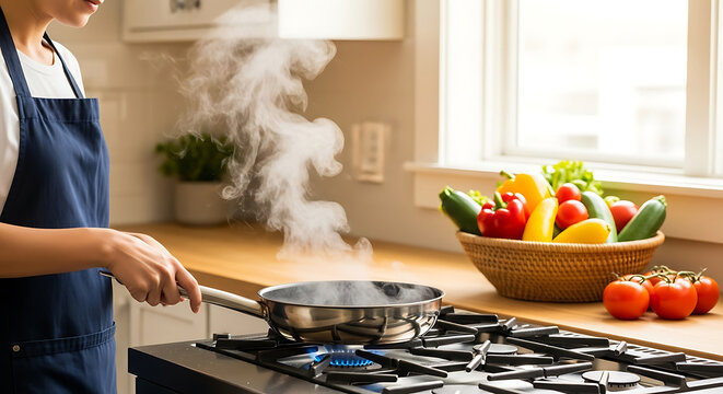 Cooking Scene with Steaming Pan on Stove