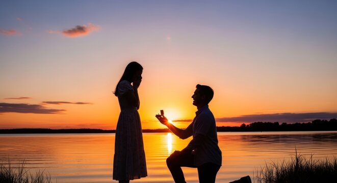Man proposing to woman silhouette at sunset by a lake
