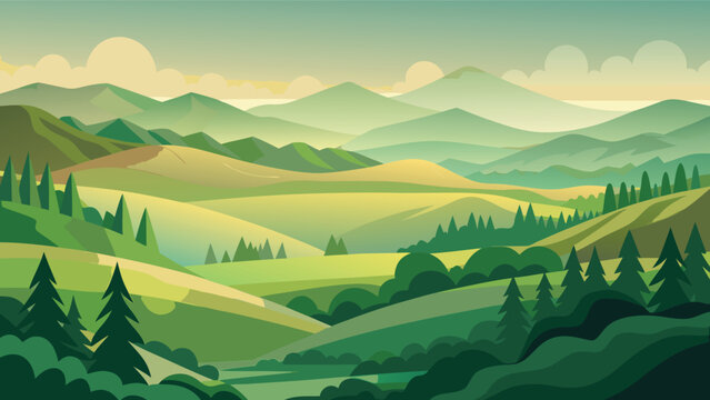 A serene landscape depicts rolling green hills leading toward distant hazy blue mountains under a cloudy sky high-quality professional detailed