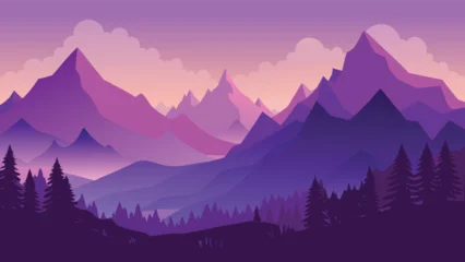 Fototapete Warmes Lila A stylized digital illustration depicts a layered mountain range in varying shades of purple and pink with silhouetted trees high-quality  © CreativeKamrul