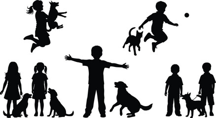 Kids playing with pets silhouette set, children with dogs and cats, childhood friendship, cad drawing flat vector illustration, family life