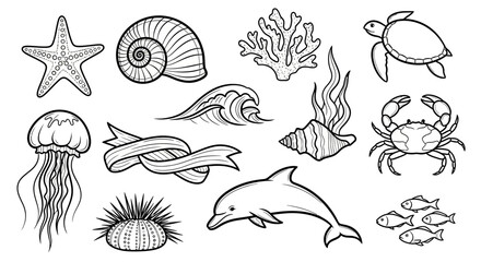 Collection of hand-drawn sea creatures and elements in black and white. © milenialdesastudio