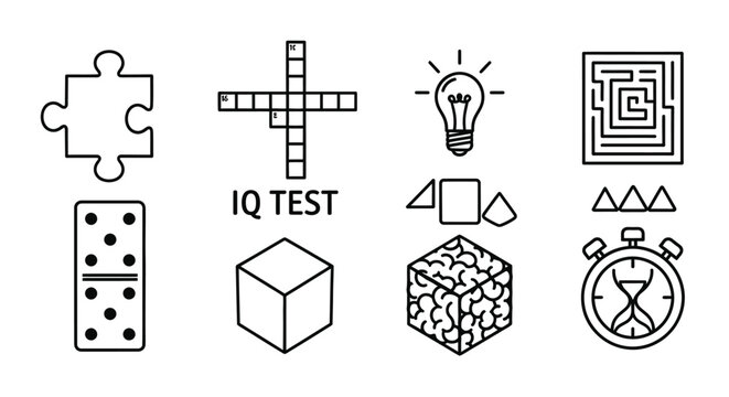 Set of IQ test and brain training line icons.