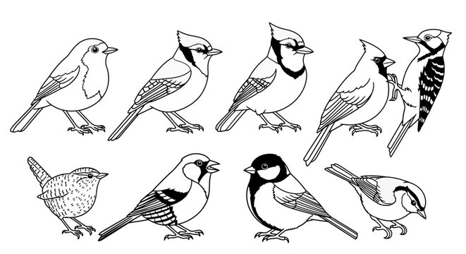 Set of various small birds in line art style