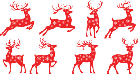 Eight red reindeer silhouettes with snowflake patterns vector illustration, Christmas holiday design for festive decoration, winter, seasonal art icon © MSTSHIULY