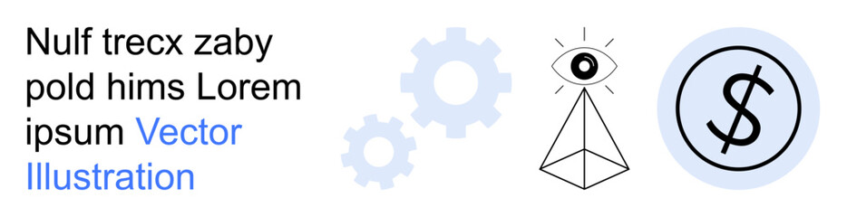 Obraz premium Technology innovation, business strategy, financial analysis, process optimization, vision, currency. Gears, an eye-pyramid symbol and a dollar icon are featured. Technology innovation and business