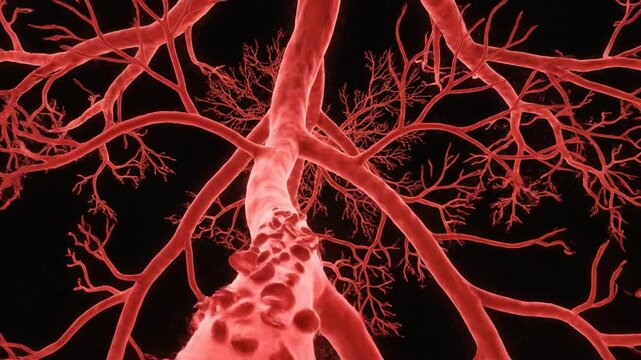 Intricate red biological branching network on black background