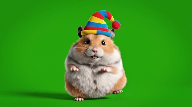 adorable 3d animated hamster performing funny dance moves bouncing gently wearing cute hat cheerful face soft studio lighting solid green screen chroma key friendly smooth looping animation family fri