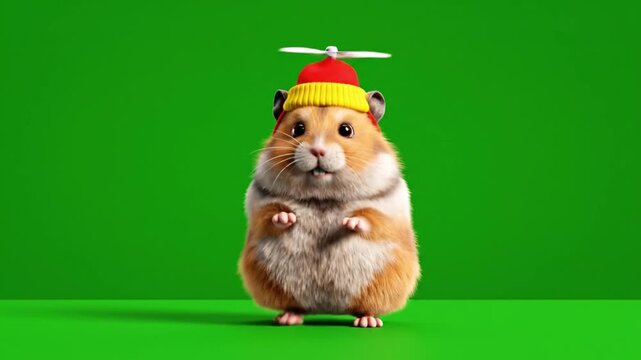 cute cartoon style 3d hamster dancing with happy energy small paws moving to rhythm fluffy body playful hat bright green background clean flat lighting seamless loop joyful animation stock footage
