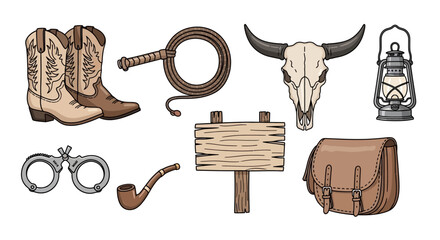 Wild West themed objects collage with cowboy boots, lasso, bull skull, and lantern. © milenialdesastudio