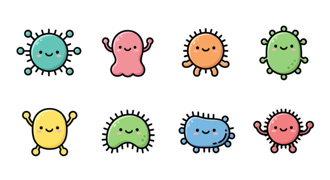 Set of cute cartoon viruses and germs with happy faces.