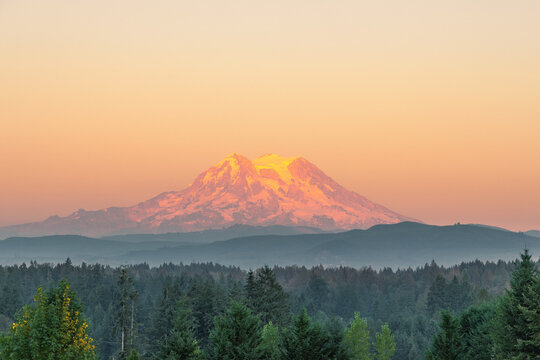 Mt Rainer at SunSet. Mount Rainer from distance, with golden colors shining at time of Sunset. Mount Rainer National Park, WA
