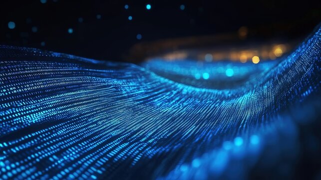 Blue and white glowing data digital waves on dark background, abstract futuristic binary code digital transformation cybersecurity technology concept