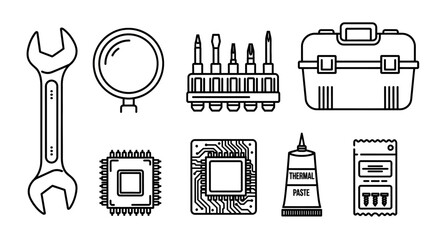 Set of Electronic Repair Tools and Computer Hardware Components Icons