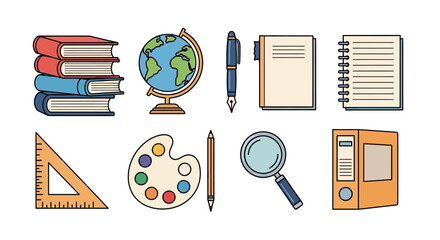 Collection of school and office supplies for education and learning.