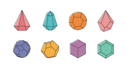 Set of colorful geometric 3D shapes and crystal forms.