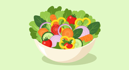 Fresh vegetable salad in a white bowl on a light green background, a healthy eating concept.