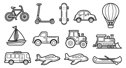 Collection of diverse transportation modes in line art style.