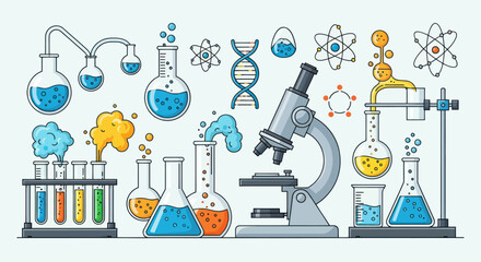 Colorful scientific laboratory equipment and experiments flat vector illustration