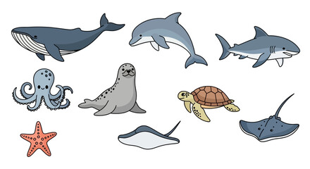 Cute Cartoon Sea Animals Collection on White Background