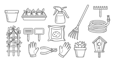 Line Art Gardening Tools and Home Plant Care Icons Set