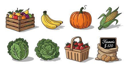 Fresh farm produce collection with fruits and vegetables, ready for market.