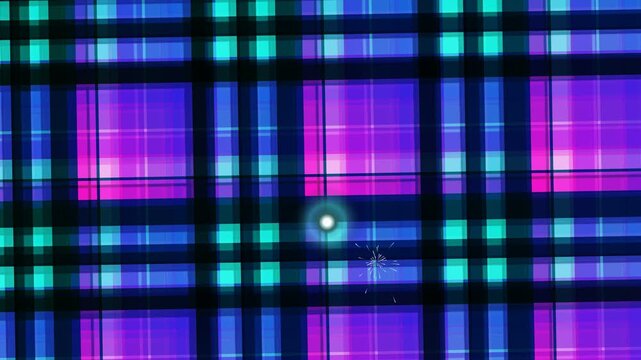 Vibrant purple and blue pixelated background with dynamic grid pattern