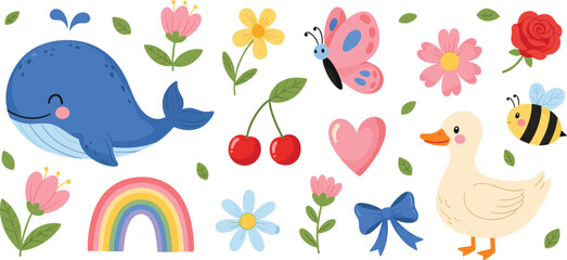 Cute colorful elements collection whale duck rainbow flowers cartoon vector illustration set isolated background © Sumon Creative