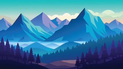 A stylized digital illustration depicts a serene mountain landscape with a tranquil lake and coniferous trees high-quality professional detailed modern © CreativeKamrul