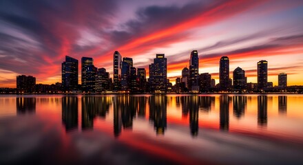 Fototapeta premium Modern City Skyline with Dramatic Sunset Sky and Reflection on Water