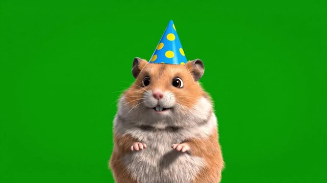 adorable cartoon hamster in 3d style dancing happily bouncy motion fluffy texture playful hat green screen background even lighting loopable animation
