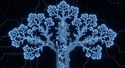 Illuminated blue digital tree structure composed of interconnected circuits symbolizing growth data science artificial intelligence and futuristic network architecture on transparent background