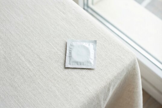 Single white condom wrapper on textured fabric